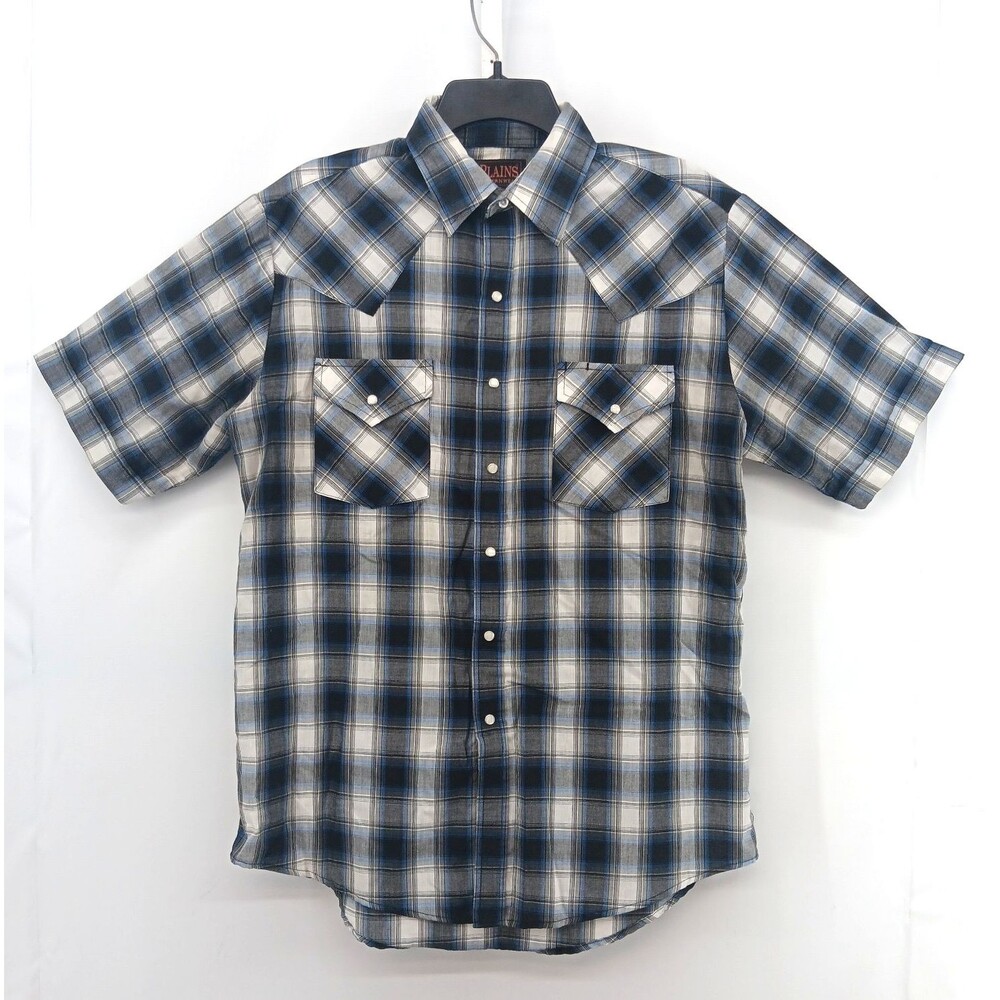 Plains Western Wear Shirt Men Medium Blue Plaid Pearl Snap Short Sleeve Pockets